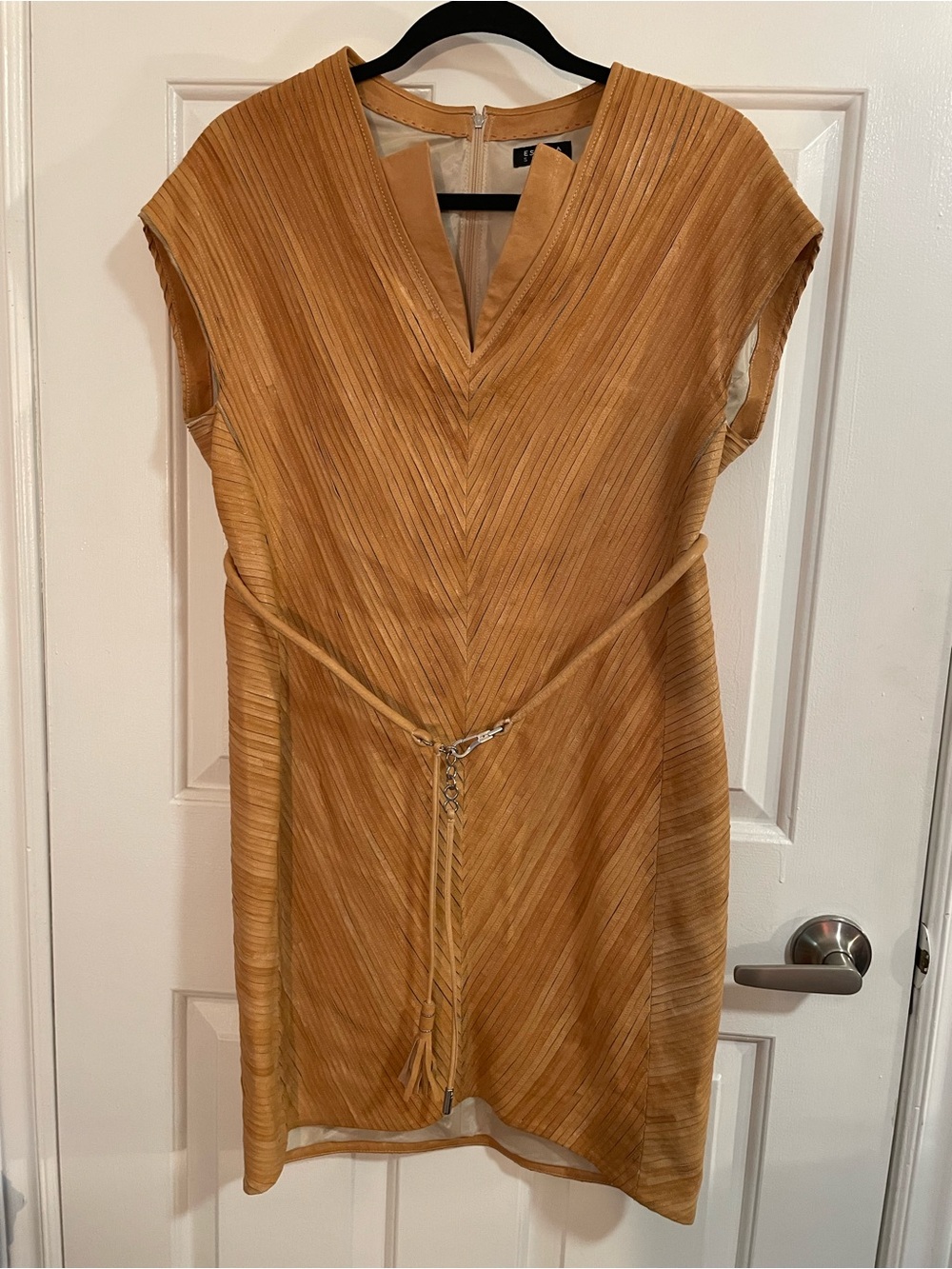 Escada Pleated V-Neck Mini Dress in Tan